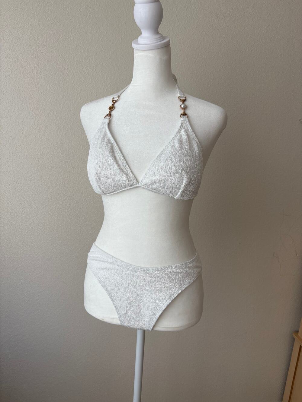 White Textured Bikini Set Halter Triangle Top High Cut Bottom Gold Pearl Hardwar